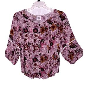 Knox Rose | Pink Floral Boho Peasant Blouse, Large